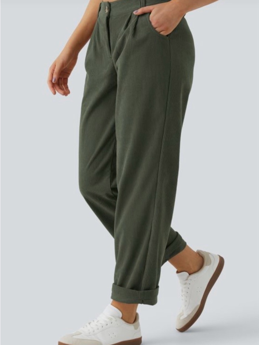 Halara AuraCord™ Olive Green High-Waisted Corduroy Pleated Wide Leg Pants   XL - Picture 4 of 12
